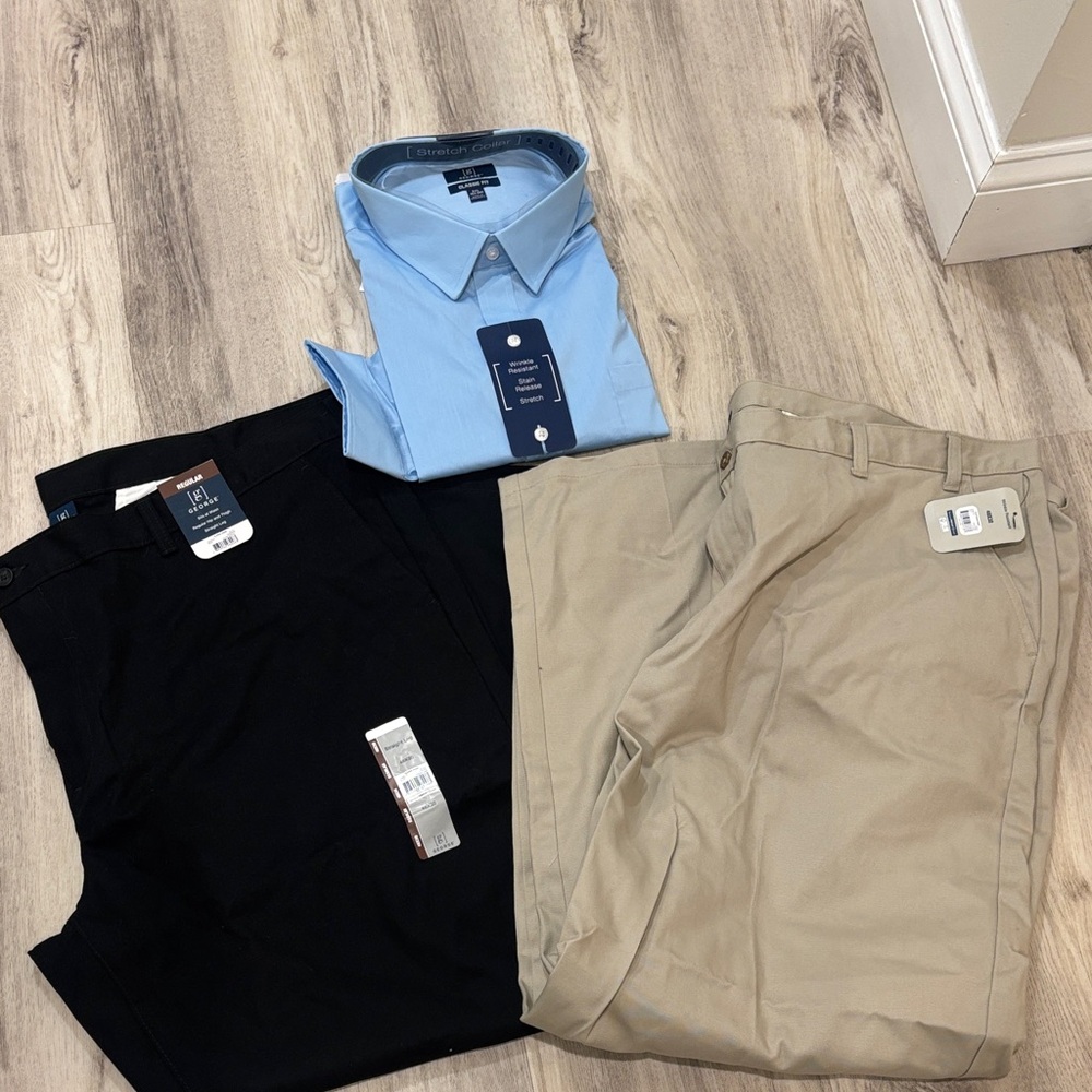 George Black and Khaki Men’s Chino Pants  48X32  AND 48X30 nwt and shirt 3xl